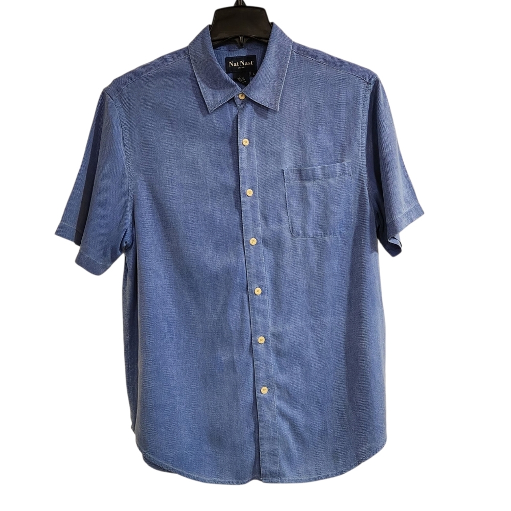Nat Nast Silk Blend Men’s Sz L Shirt  Blue Short Sleeve Button Down